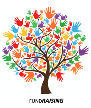Fundraising tree with multicolored hands representing leaves 