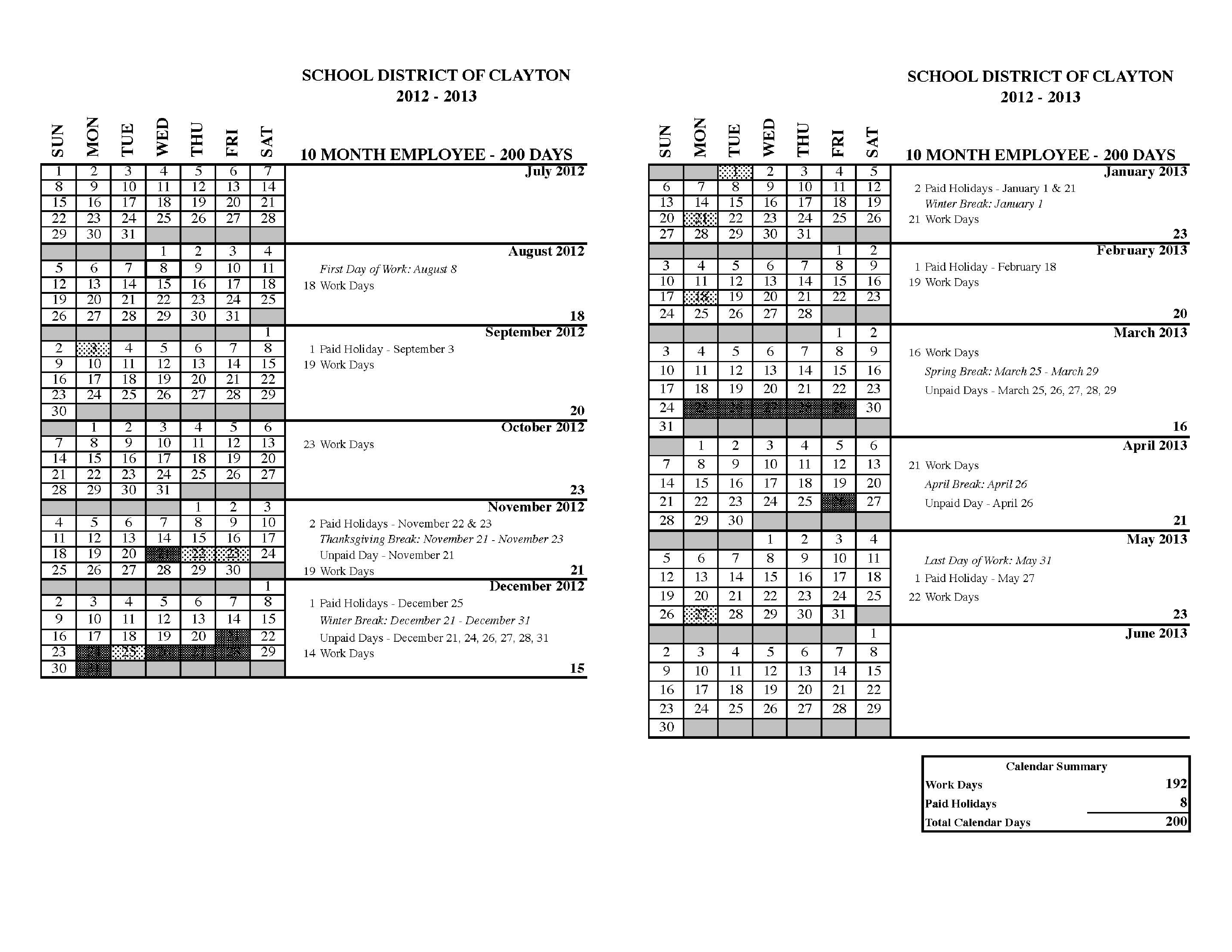 human resources calendars
